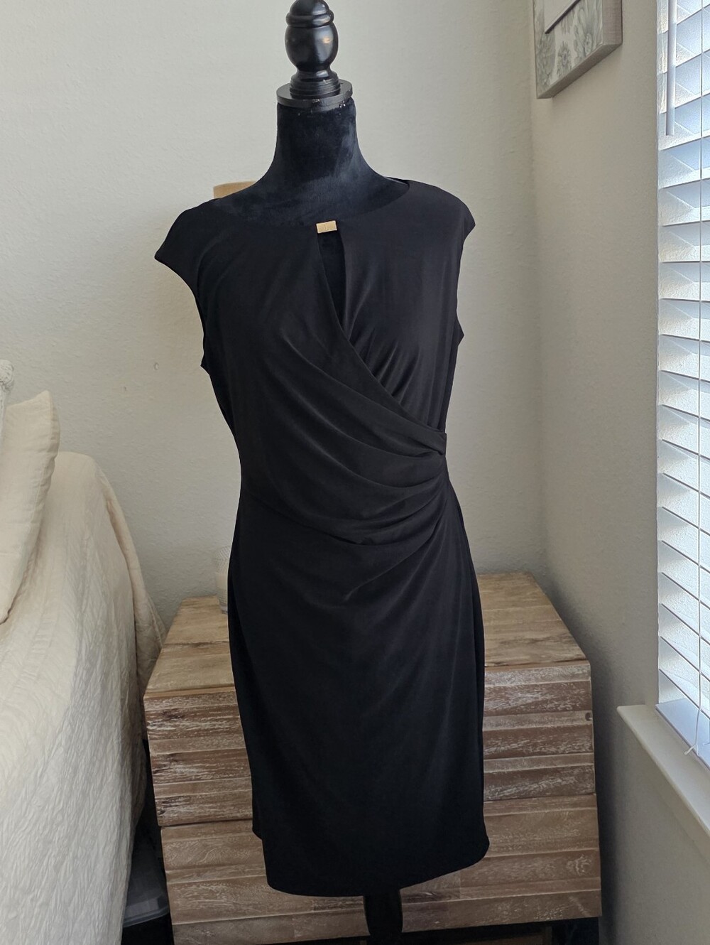 Ralph Lauren Black Cap-Sleeve Faux-Wrap Dress